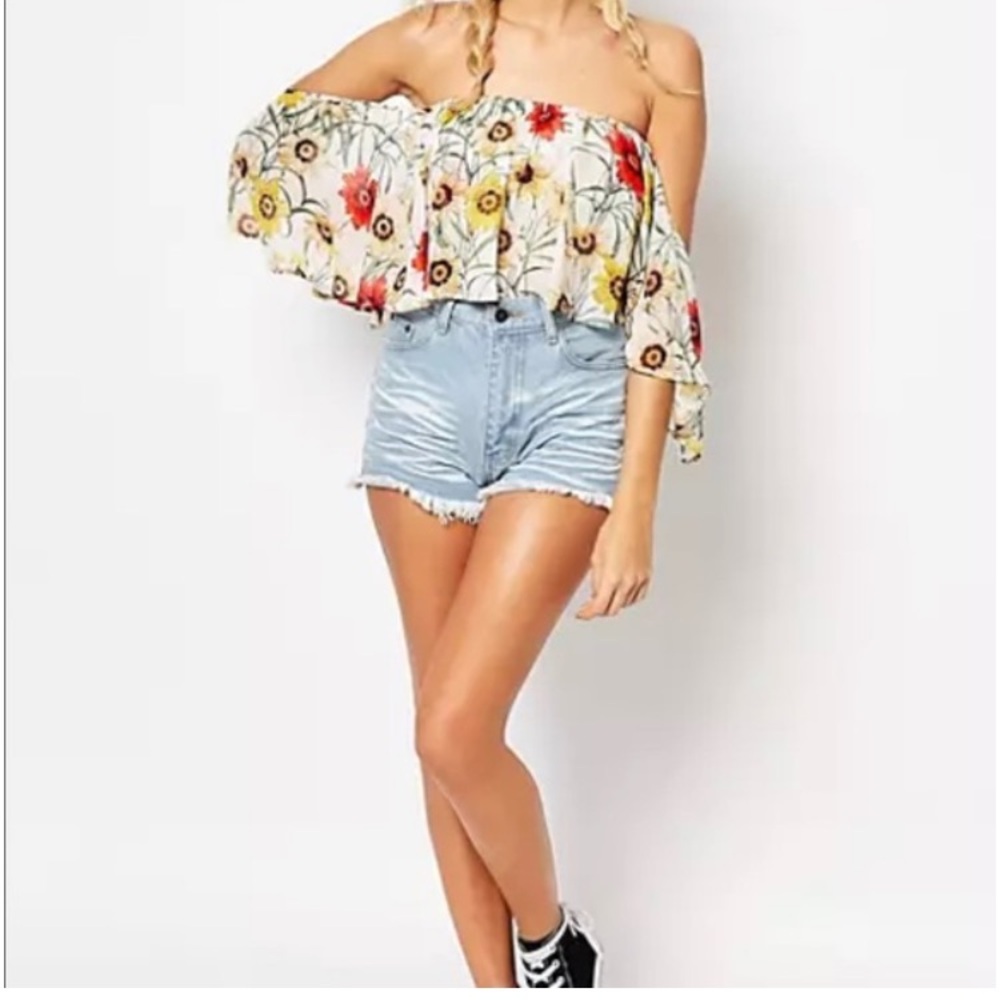 Wildfox Couture Sunflowers Floral Print Sheer Cream Sleeve Off Shoulder Top S